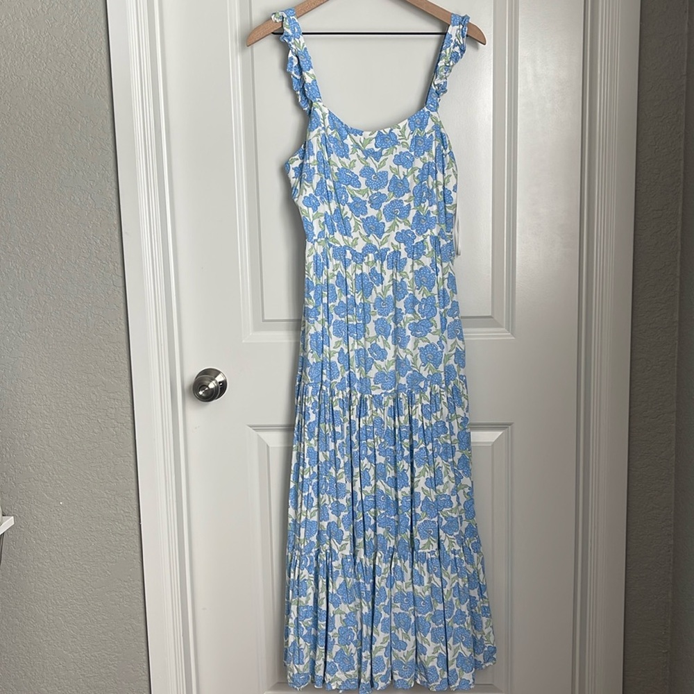 Haute Hippie Blue Floral Print Sleeveless Prairie Ruffle Midi Maxi Dress Large